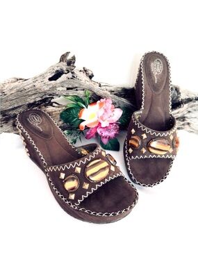 DR. SCHOLL’S ~ Chocolate Brown Suede Slip On Beaded Sandals w/Tiger Eye Stones